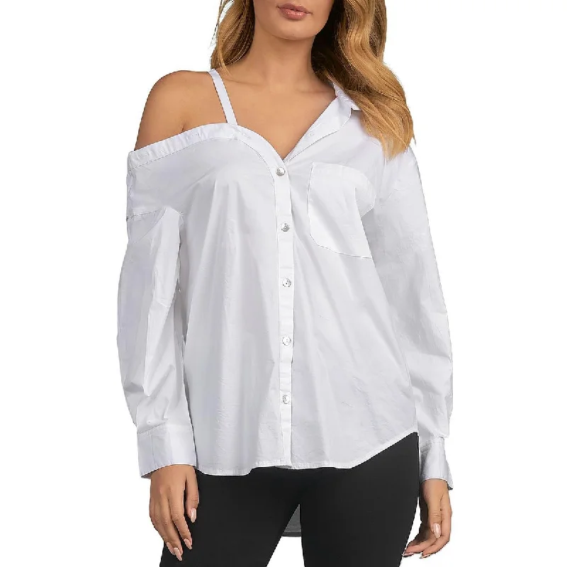 Elan Womens Collared Cold Shoulder Button-Down Top