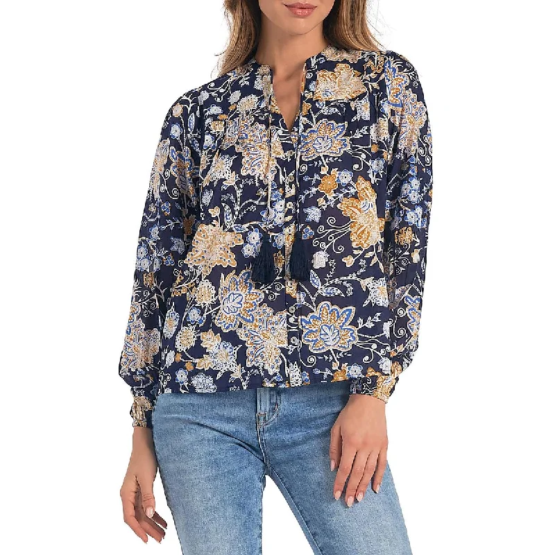 Elan Womens Floral Collar Button-Down Top