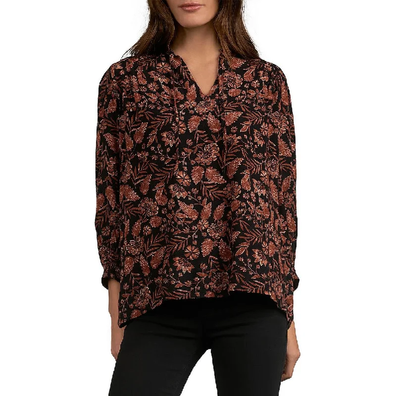 Elan Womens Printed Tie Neck Button-Down Top