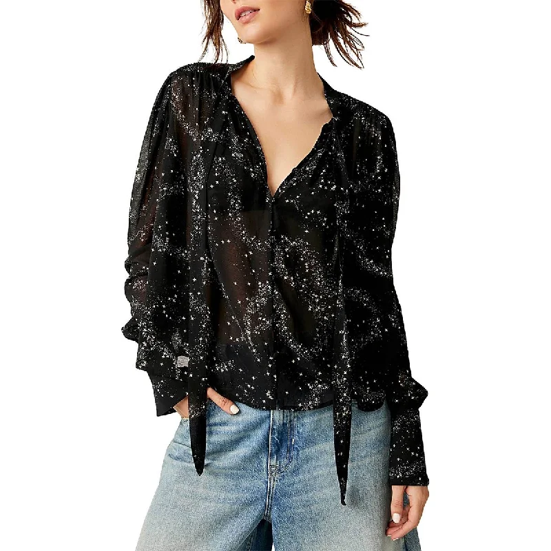 Free People Womens Printed Tie neck Button-Down Top