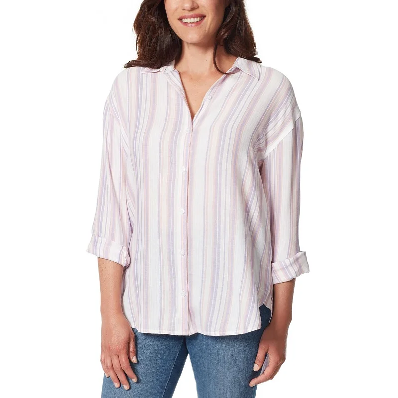 Gloria Vanderbilt Womens Adjustable Sleeve Striped Button-Down Top