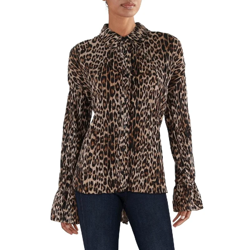 Good American Womens Plisse Animal Print Button-Down Top