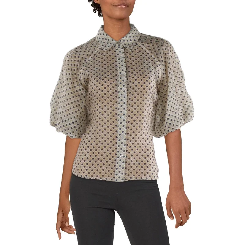 Gracia Womens Printed Sheer Button-Down Top