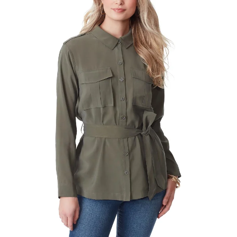 Jessica Simpson Womens Jessa Belted Collar Button-Down Top