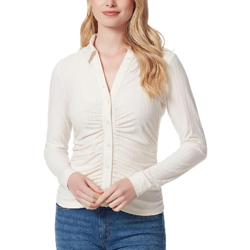 Jessica Simpson Womens Shadow Stripe Ruched Button-Down Top