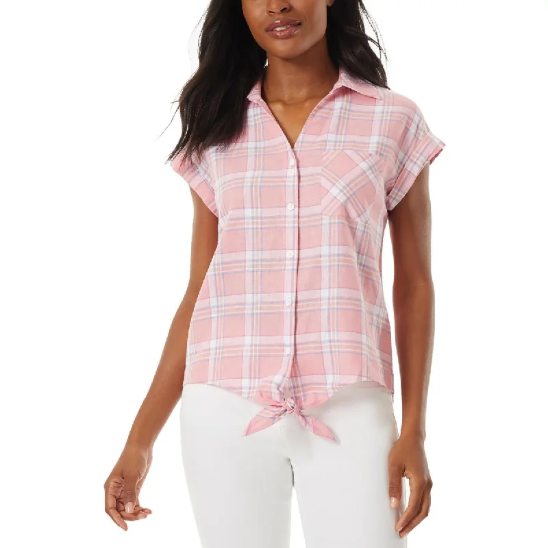 Jones New York Womens Cuff Sleeve Glen Plaid Button-Down Top