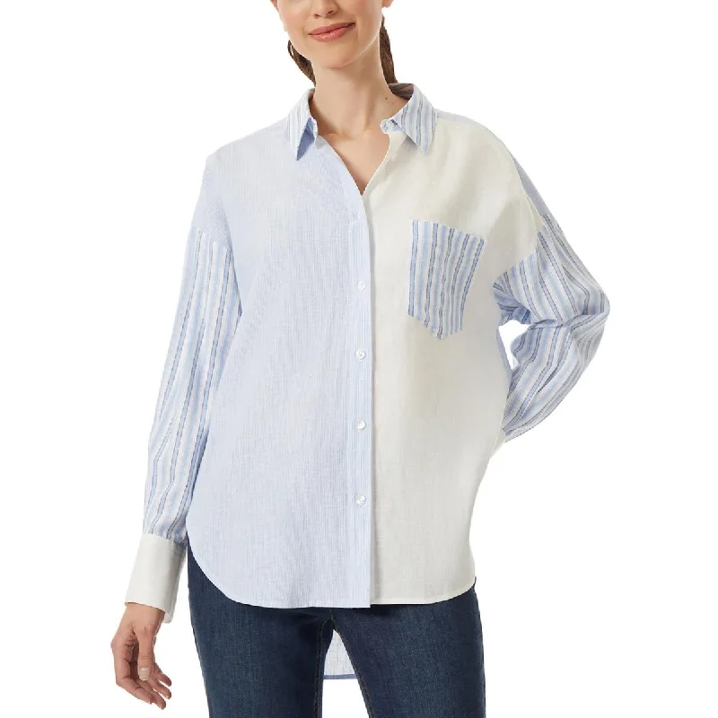 Jones New York Womens Striped Log Sleeve Button-Down Top