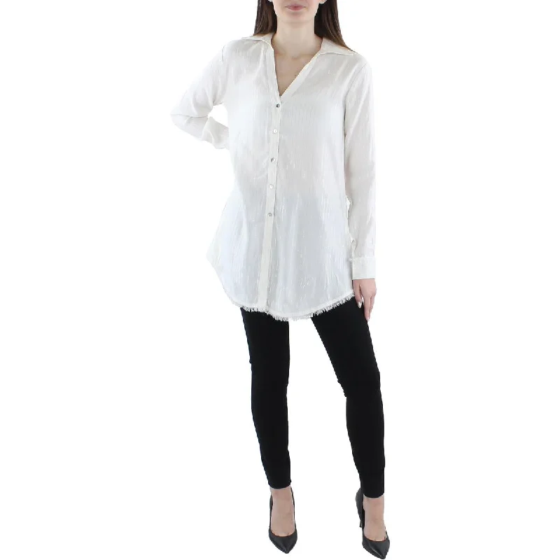 Natural Impressions Womens Metallic Striped Button-Down Top