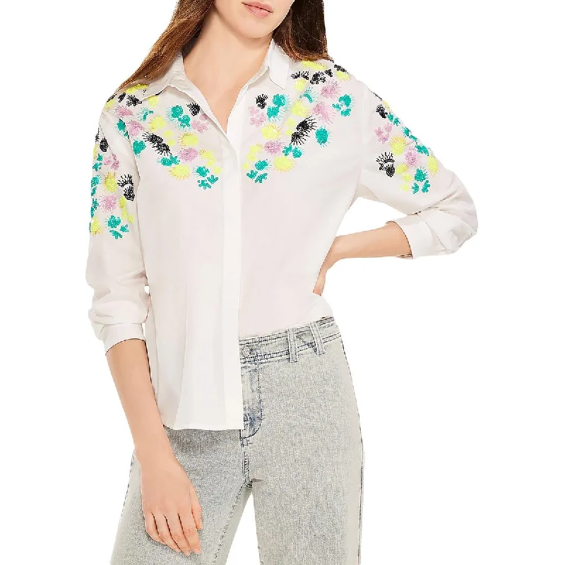 Nic + Zoe Womens Placed Petals Sequin Embroidered Button-Down Top