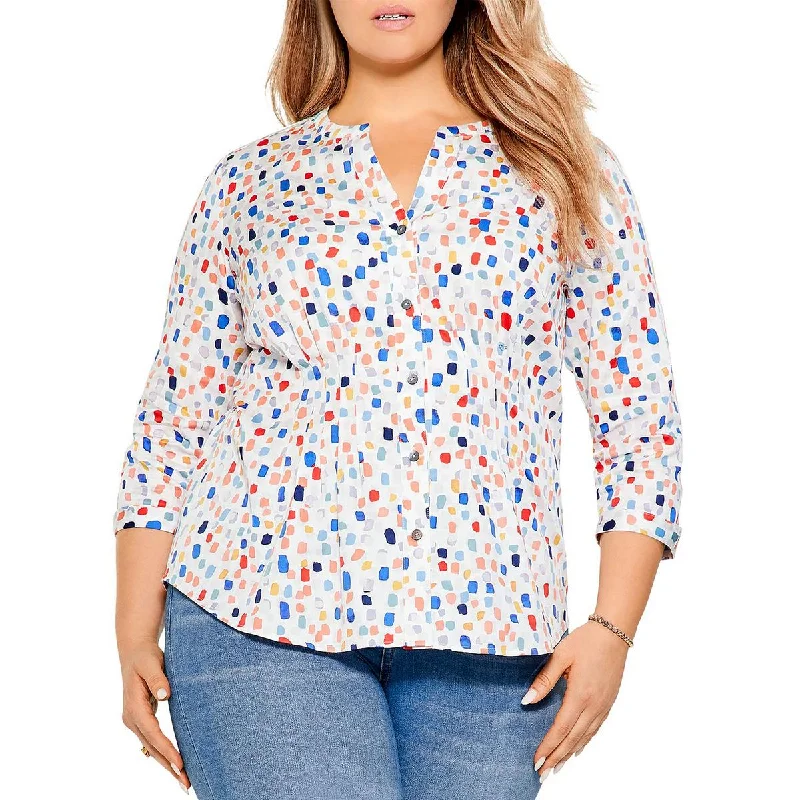 Nic + Zoe Womens Printed Mandarin-Collar Button-Down Top