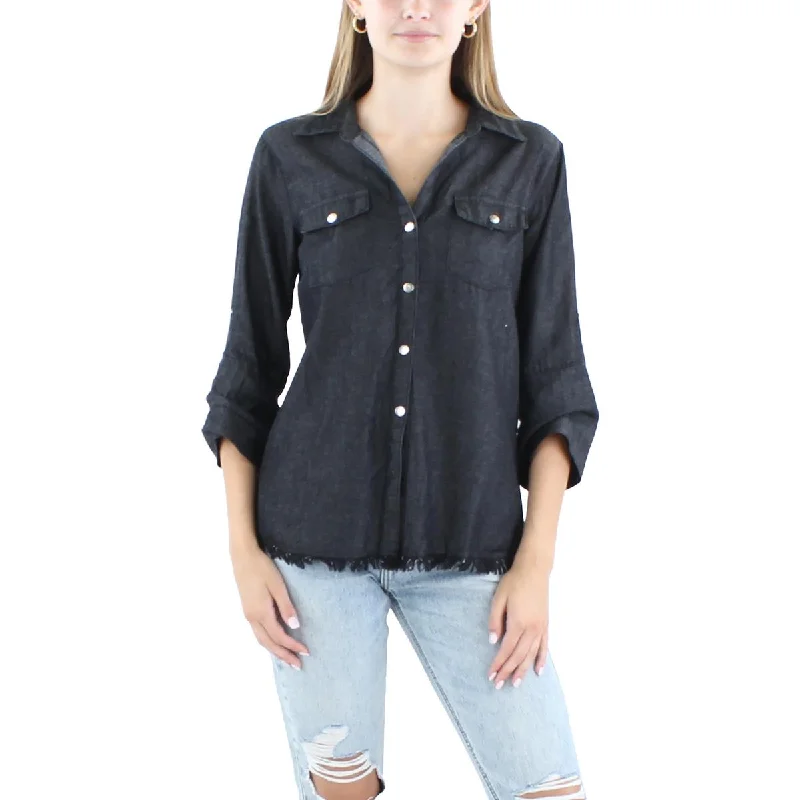 NY Collection Womens Petites Adjustable Sleeves Frayed Hem Button-Down Top