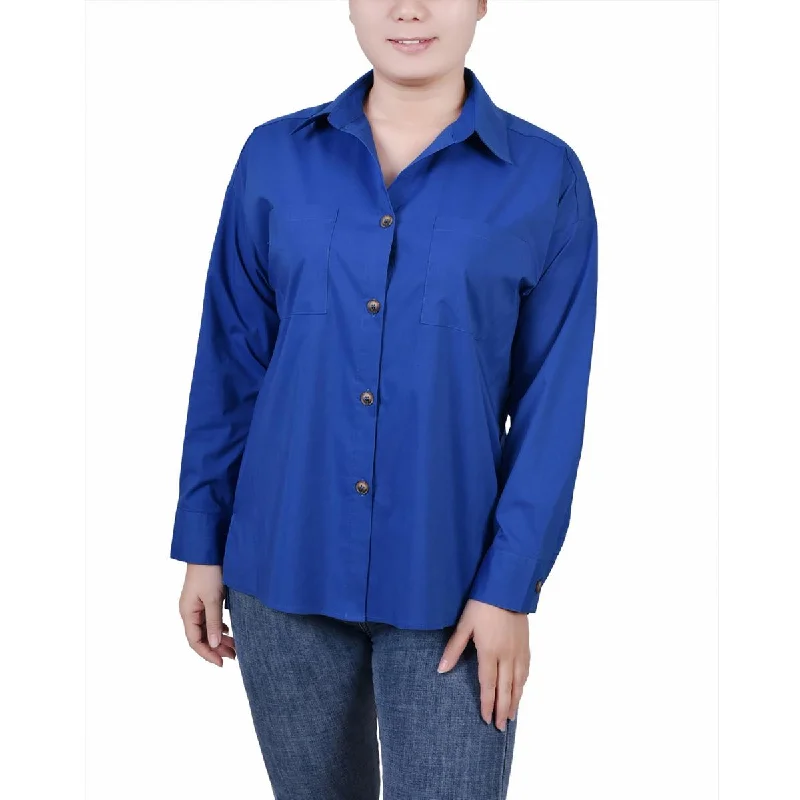 NY Collection Womens Petites Collar Button-Down Top