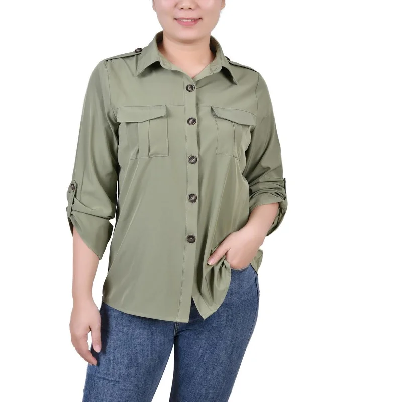 NY Collection Womens Petites Collared Pocket Button-Down Top