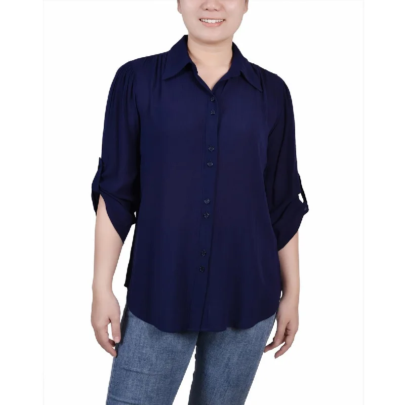 NY Collection Womens Petites Sheer Solid Button-Down Top