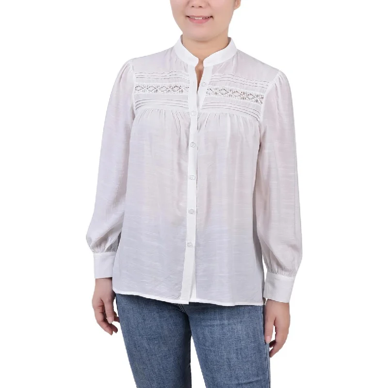 NY Collection Womens Petites Slub Rayon Button-Down Top