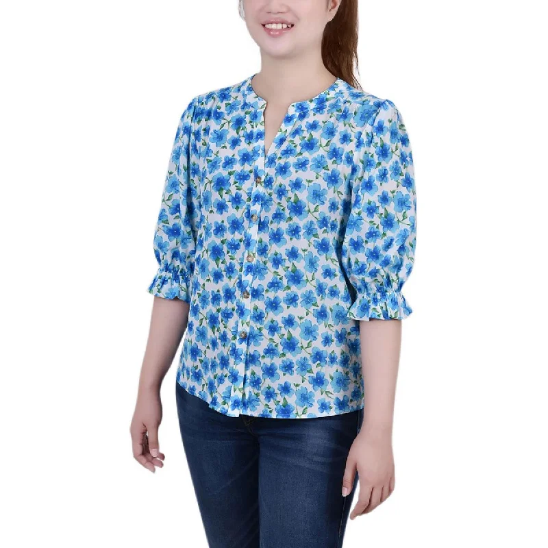 NY Collection Womens Petites Split Neck Printed Button-Down Top