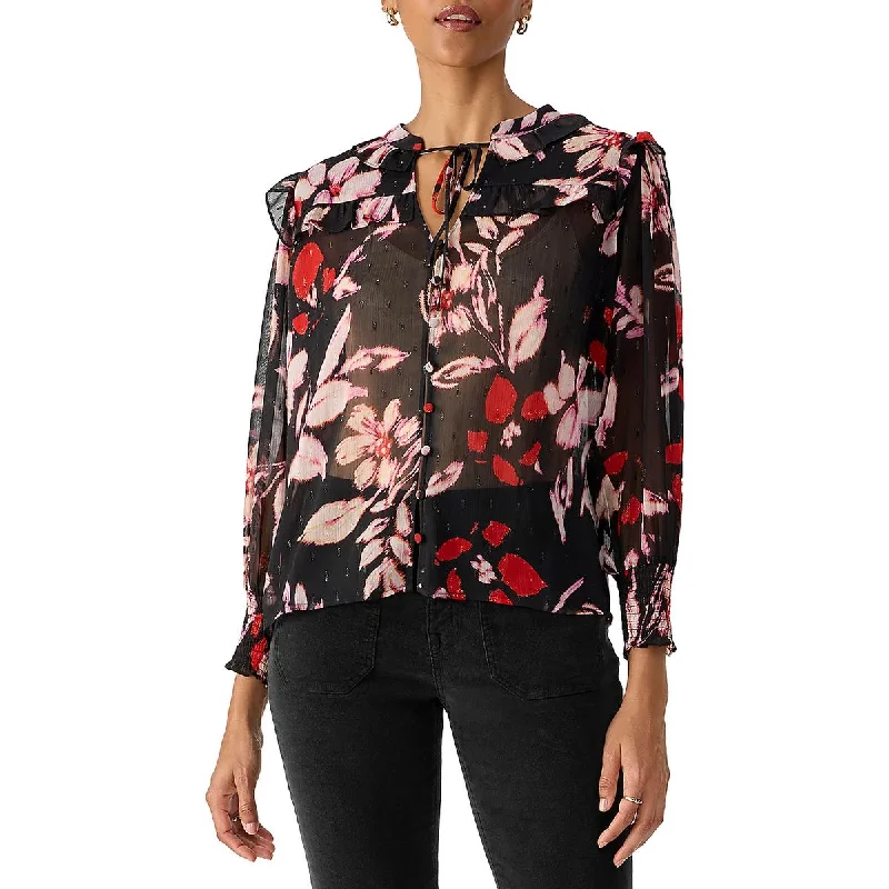 Sanctuary Womens Floral Tie Neck Button-Down Top