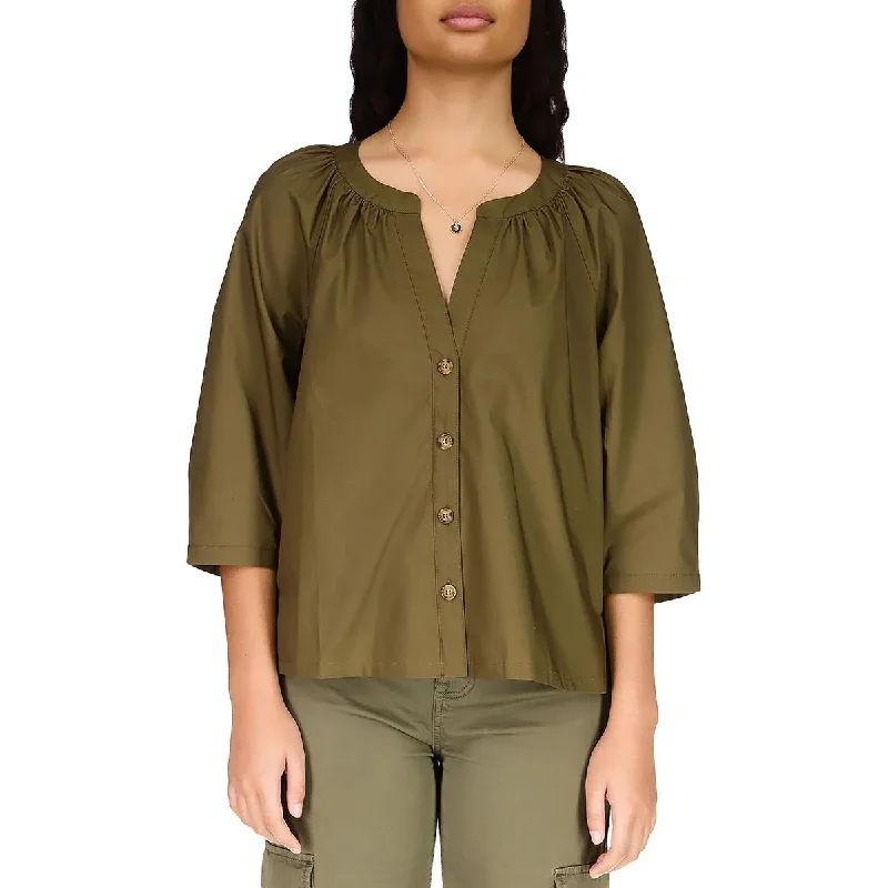 Sanctuary Womens Poplin Crinkled Button-Down Top