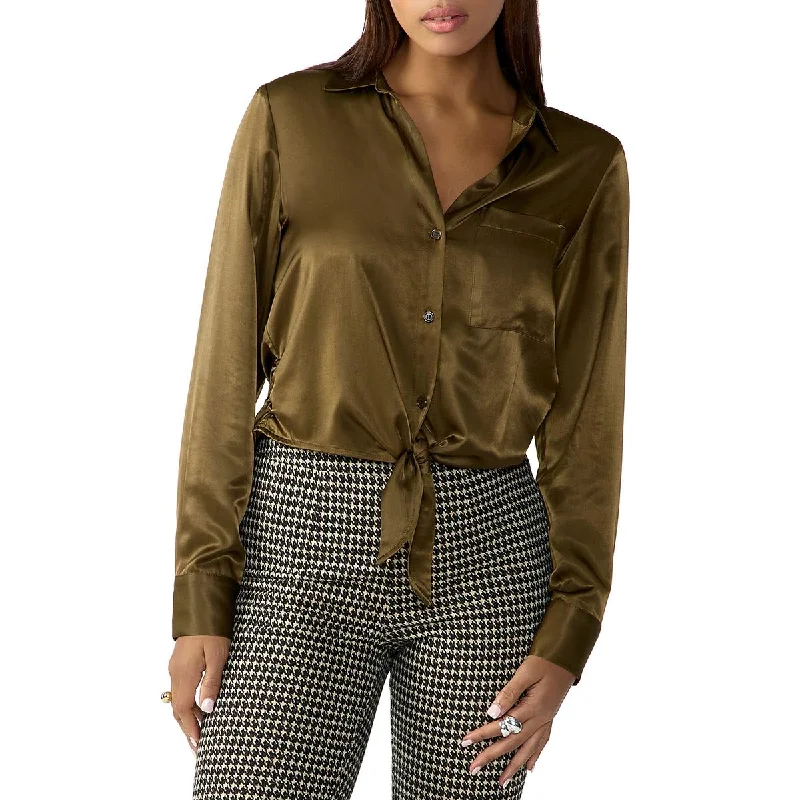 Sanctuary Womens Satin Tie Front Button-Down Top