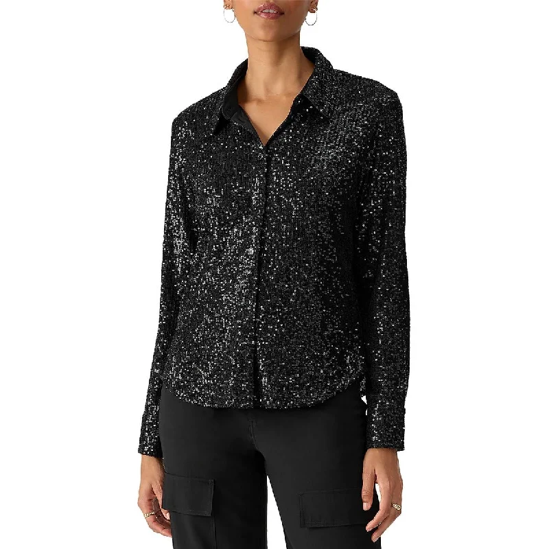 Sanctuary Womens Radiant Sequined Collared Button-Down Top