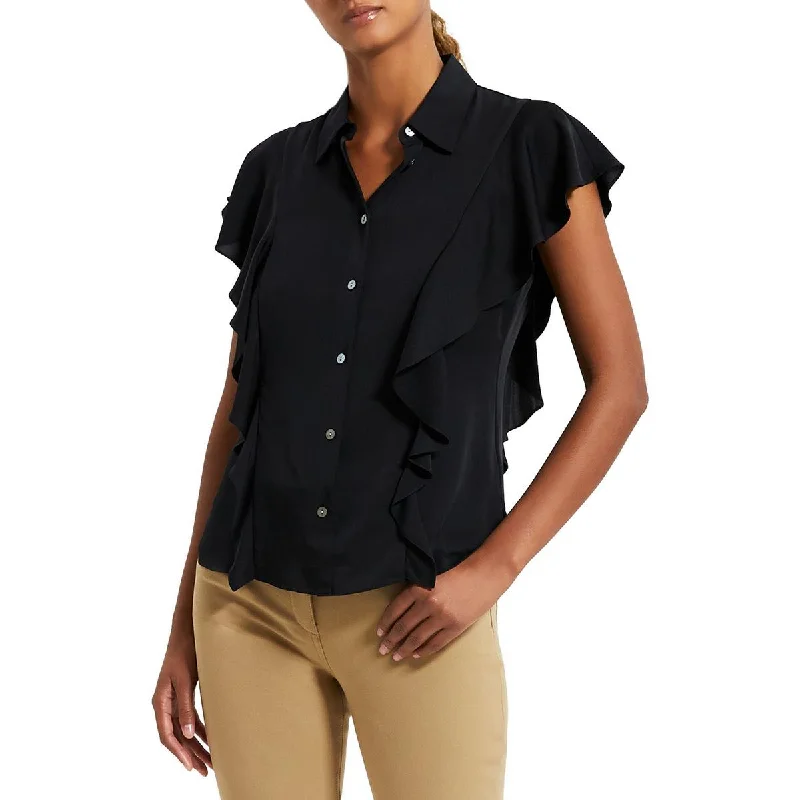 Theory Womens Silk Collared Button-Down Top