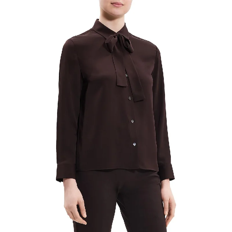 Theory Womens Silk Tie Neck Button-Down Top