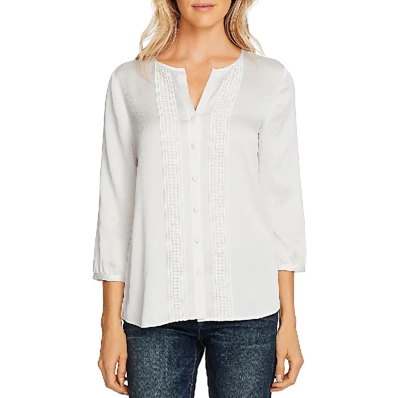 Vince Camuto Womens Rumple Hammered Satin Split Neck Button-Down Top