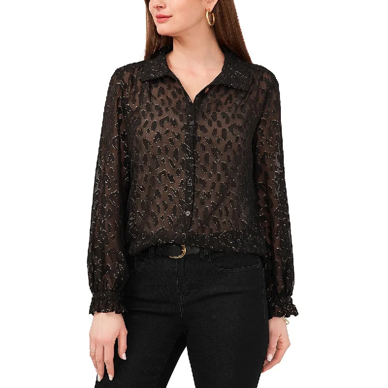 Vince Camuto Womens Sleigh All Day Chiffon Metallic Button-Down Top