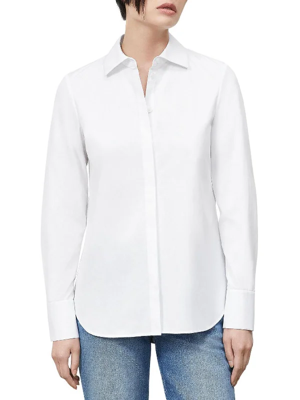 Womens Collar Solid Button-Down Top