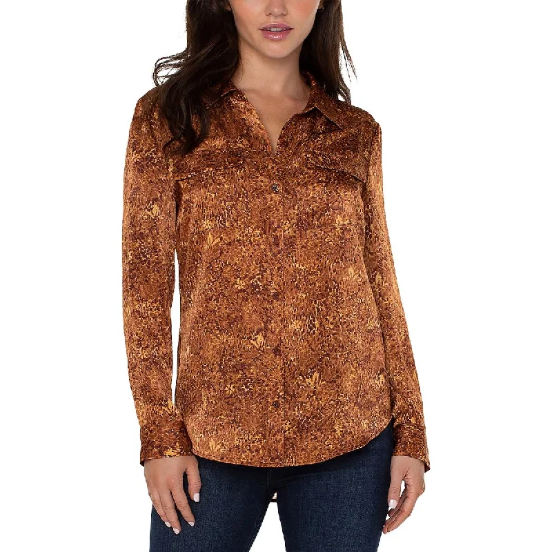 Womens Collared Flap Pocket Button-Down Top