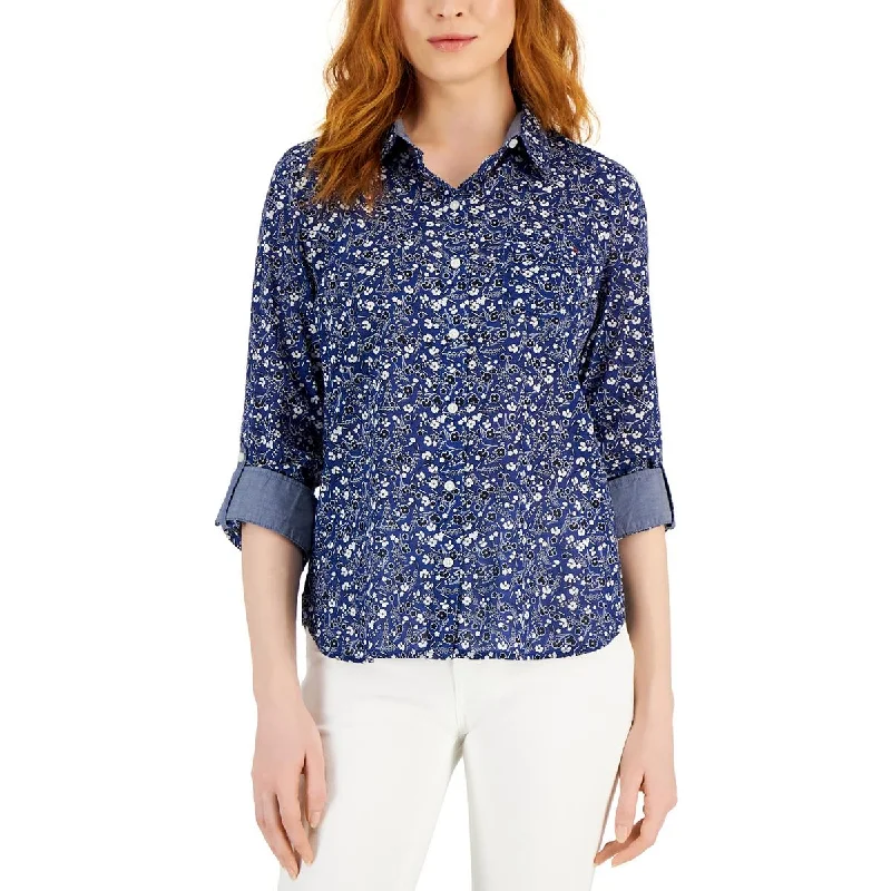 Womens Collared Floral Print Button-Down Top