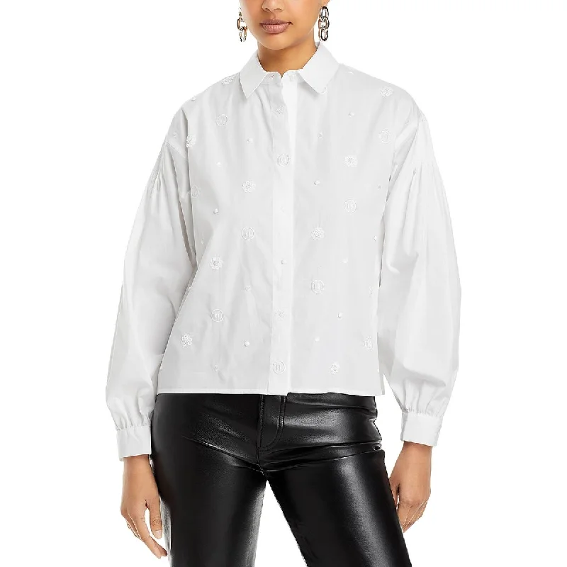 Womens Cotton Embroidered Button-Down Top