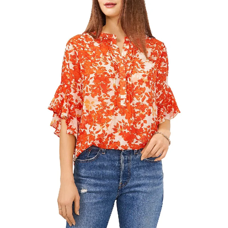 Womens Floral Print Pintuck Button-Down Top