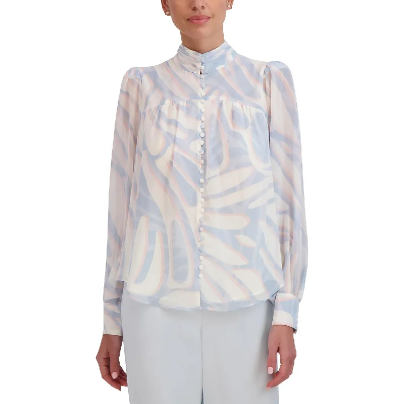 Womens Printed Pleated Button-Down Top