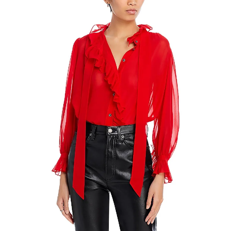 Womens Silk Ruffled Button-Down Top