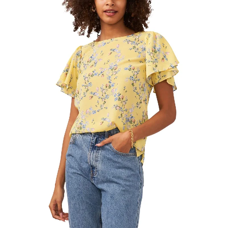 Womens Floral Print Flutter Sleeve Blouse