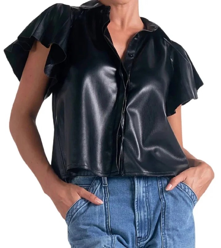 Faux Leather Flutter Sleeve Top In Black