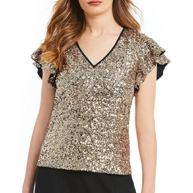 Sequin Flutter Sleeve Top In Gold