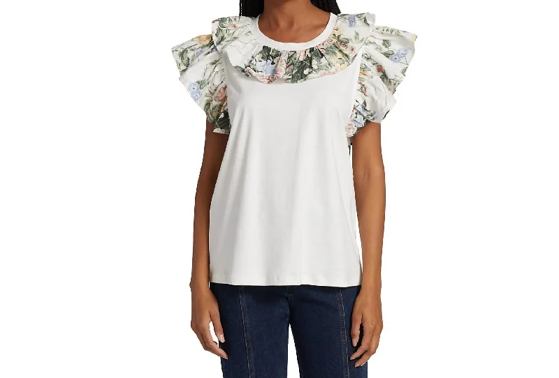 Women Flutter Sleeves Scoop Neck Top In White