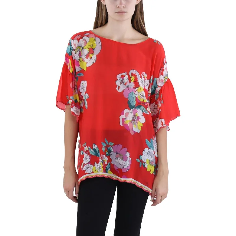 Womens Floral Print Flutter Sleeve Blouse