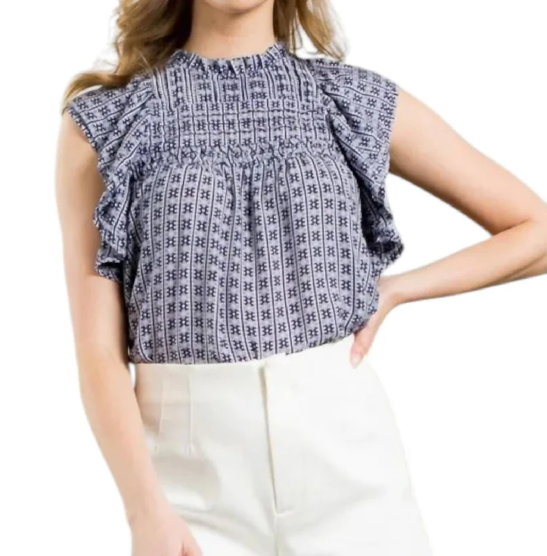 Flutter Sleeve Print Top In Navy/white