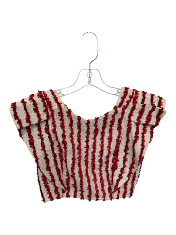 Koch Size S Red & White Cotton Flutter Sleeves Striped Top