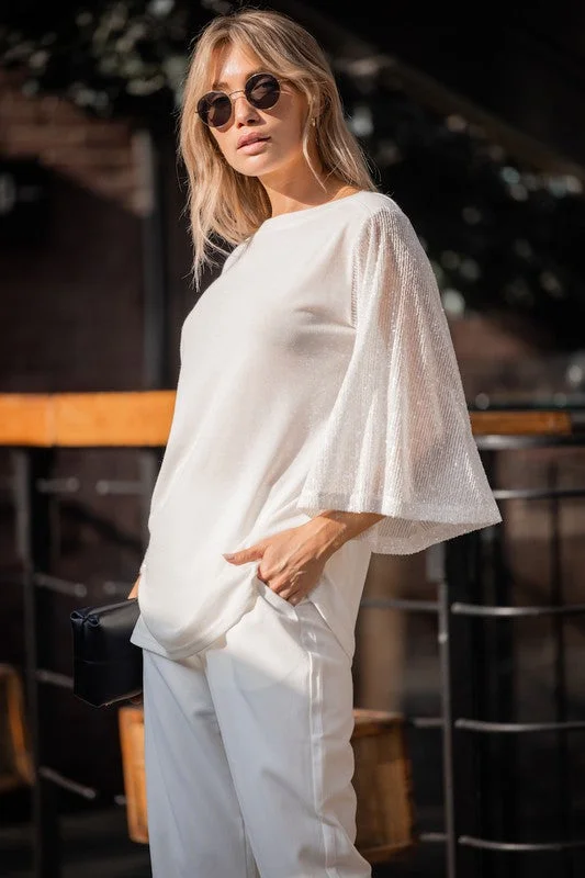 White Boatneck Sequin Flutter Sleeve Top