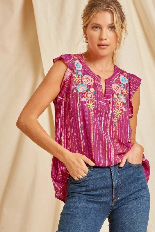 Flutter Sleeve Embroidered Top, Magenta