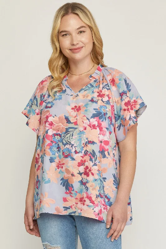 Flutter Sleeve Floral Top, Blue