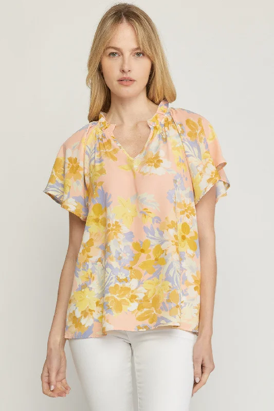 Flutter Sleeve Floral Top, Peach