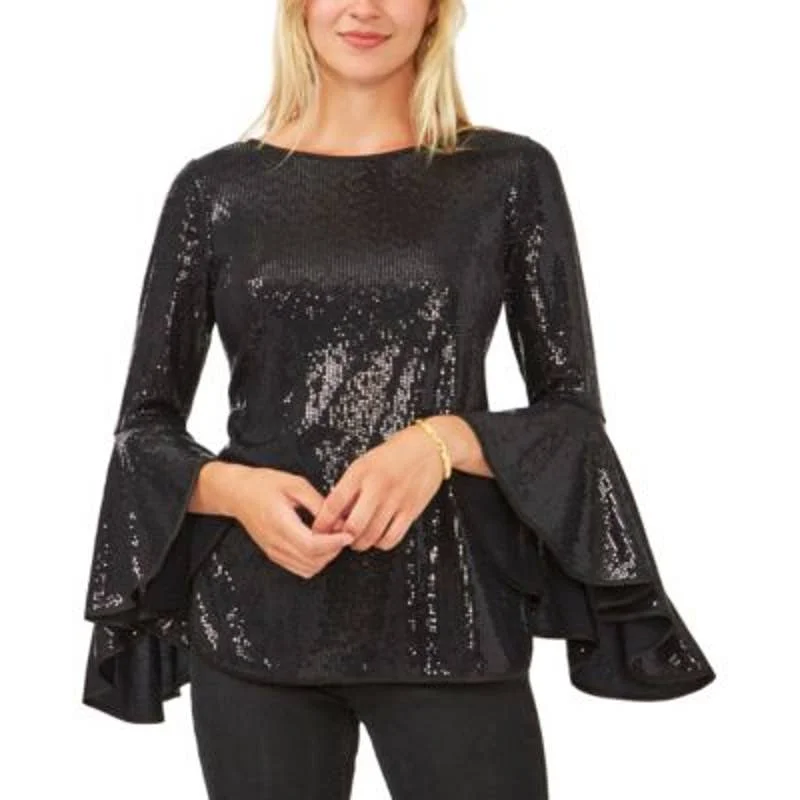 Vince Camuto Women's Black Metallic Sequin Flutter Sleeve Blouse