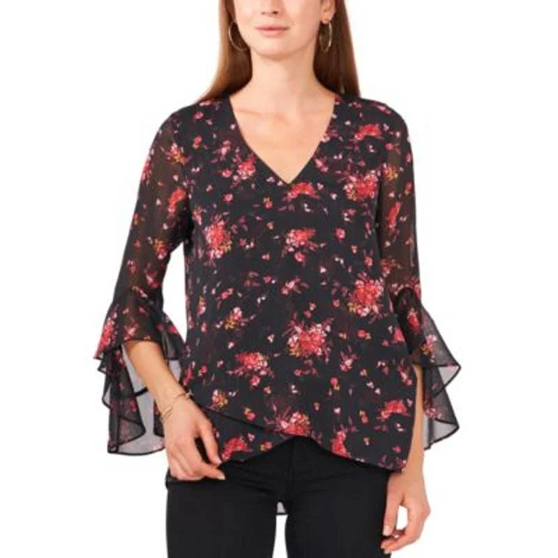 Vince Camuto Women's Black & Pink Floral Print Flutter Sleeve Blouse