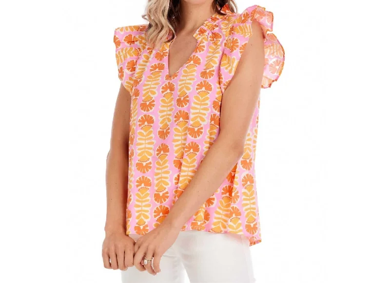 Becky Flutter Sleeve Top In Pink/orange