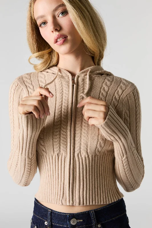 Cable Knit Zip-Up Hooded Sweater